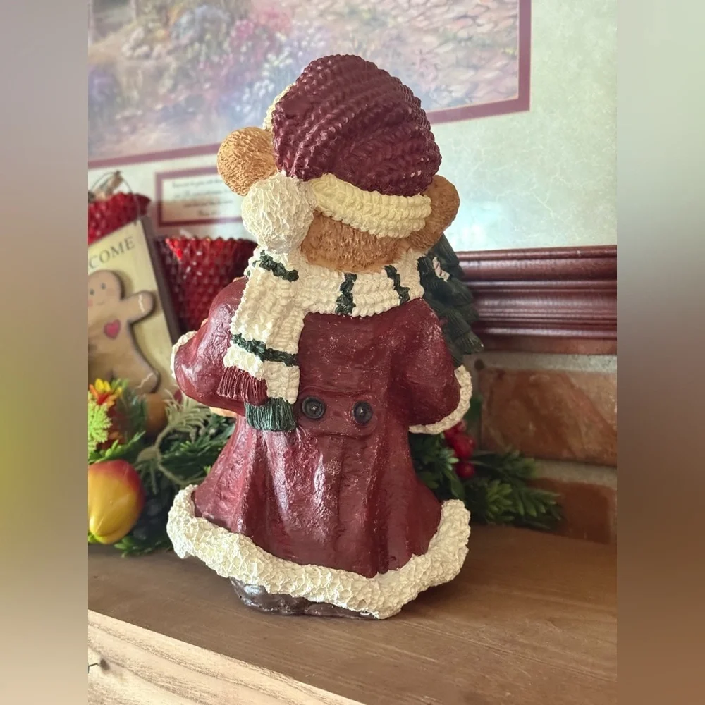 Vintage 1984 Christmas Festive Bear Figurine with Red Coat and Blue Sweater